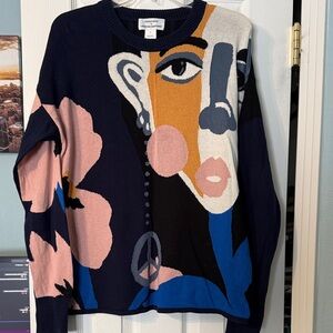 Cristina Martinez Navy Multicolor Abstract Face Knit Sweater